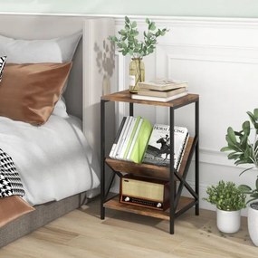 Estante de 3 níveis para gira-discos com porta-revistas em forma de V Estrutura metálica em forma de X Almofadas ajustáveis Castanho rústico