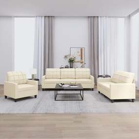 3 pcs conjunto sofás c/ almofadões couro artificial cor creme
