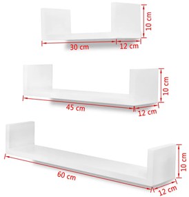 Conjunto 3 prateleiras de parede em forma de "U" MDF branco