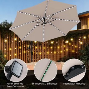 Guarda-sol 300 x 260 cm com base, iluminação LED, 9 modos, ajuste fácil da inclinação, rotação de 360° Bege