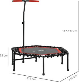 Trampolim de fitness de 114 cm, cordas elásticas, pega ajustável em 3 posições, trampolim de exercício silencioso, vermelho