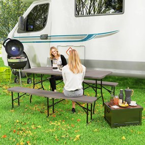Conjunto de Campismo Dobrável de 3 Peças Inclui 1 Mesa 180x74x74 cm e 2 Bancos 182x28x42 cm Efeito Madeira Castanho