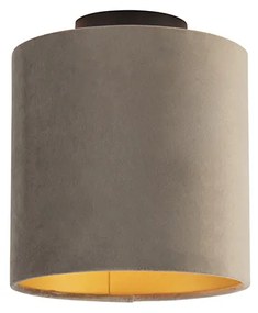 Candeeiro de teto com abajur em veludo castanho com dourado 20 cm - Combi Preto Country / Rústico