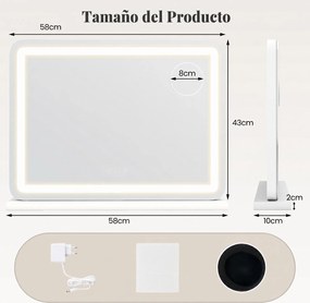 Espelho de Maquilhagem com Luz LED, 58 x 10 x 45 cm, Lupa de 10 Aumentos, Branco