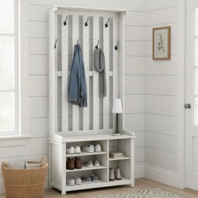 Armario cabide entrada com ganchos 81 x 35 x 180 cm, cabideiro com banco, porta-casacos com ganchos Branco