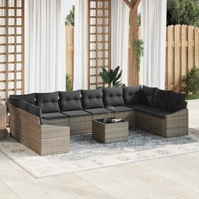 vidaXL Conjunto de Sofá para Jardim de 10 Peças com Almofadas de Rattan Poliéster Cinza