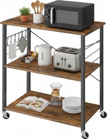 Carrinho de cozinha 40 x 80 x 89 cm com 3 prateleiras com rodas, castanho vintage-preto