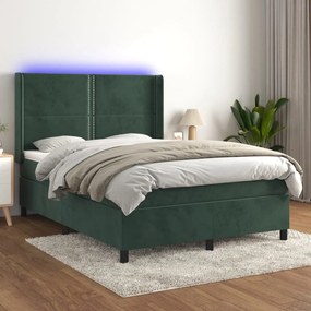 vidaXL Cama box spring c/ colchão/LED 140x200 cm veludo verde-escuro