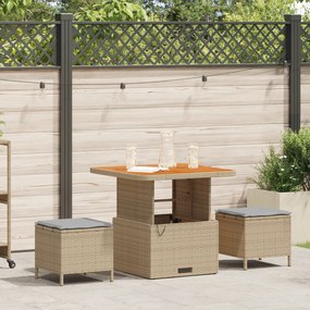 Conjunto de Jantar de Jardim VidaXL com 3 Peças e Almofadas Bege em Rattan Poliéster e Acácia