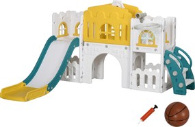 AIYAPLAY Escorrega infantil, estrutura de jogo 7-in-1, com basquete & volante, para 1-3 anos, 178x177x99cm, Amarelo/Branco/Verde | Aosom Portugal