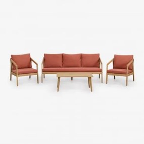 Conjunto De Sala Com Sofá De 3 Lugares, 2 Poltronas E Mesa De Centro Em Madeira De Acácia E Corda Trançada Kaela Marrom Acácia Claro & Tecido Terracot