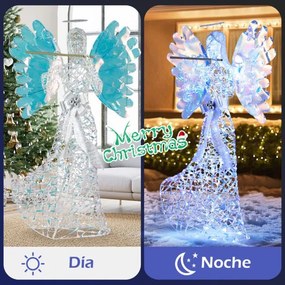 Anjo de Natal LED 158 cm com auréola e flauta pré-iluminado com 250 luzes para interior e exterior com laços branco quente