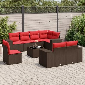 vidaXL 9 pcs conjunto sofás p/ jardim c/ almofadões vime PE castanho