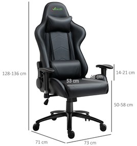 Cadeira de Gaming Ergonômica Giratória com Altura Ajustável Apoio para os Braços Apoio para a Cabeça e Almofada Lombar Couro Sintético 73x71x128-136cm