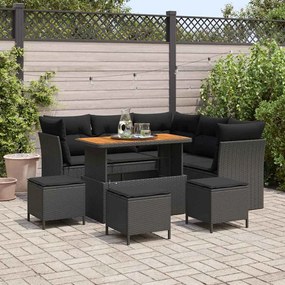 vidaXL Conjunto de Sofá de Jardim de 9 Peças com Almofadas Preto Rattan Poliéster Acácia