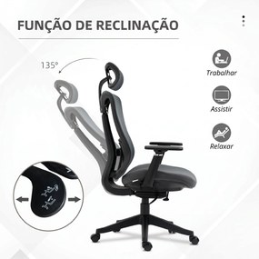 Cadeira de Escritório em Malha com Apoio de Cabeça Ajustável Apoio Lombar e Apoios de Braços 3D 70x66x128 cm Cinza