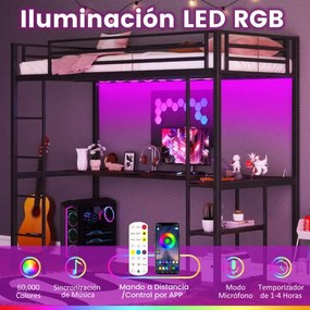 Cama alta 200 x 90 cm com secretária para crianças com estação de carregamento LED  de metal com corrimão e escada preta