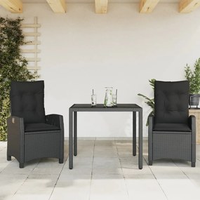 vidaXL 3 pcs conjunto de jantar p/ jardim c/ almofadões vime PE preto