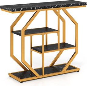 Mesa Consola Moderna 4 Níveis 100 x 29,5 x 80 cm Estrutura Metálica com Prateleiras e Superfície imitação Mármore Preto e Dourado