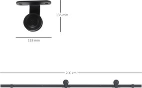 Ferragem para Porta de Correr (NÃO INCLUIDA) Kit de Acessórios para Porta Corredeira com 2 Trilhos de Aço de Carbono 200x40x0,6cm Preto