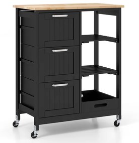 Carrinho de ilha de cozinha com tampa de madeira 3 gavetas de arrumação 2 Estantes e tabuleiro 67 x 37 x 83,5 cm Preto