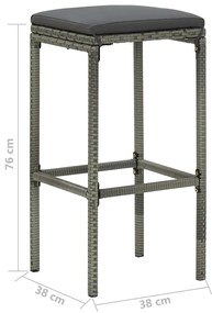 5 pcs conjunto de bar p/ jardim c/ almofadões vime PE cinzento