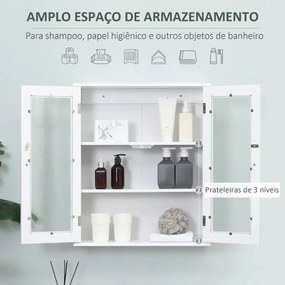 Armário Casa de Banho de Parede com 2 Portas de Cristal Armário Suspenso com Prateleiras Ajustáveis em Altura Multiuso para Cozinhas Sala de Estar 55x