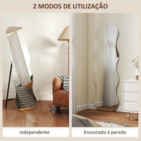 Espelho de Pé 160x50 cm sem Moldura Espelho de Corpo Inteiro com Forma Ondulada Suporte e Base de Madeira Preto
