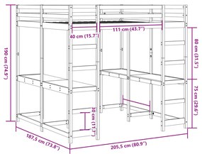 Cama alta com secretária e escada 180x200 cm pinho maciço