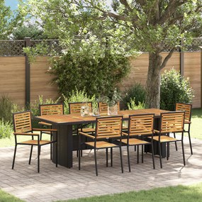 Conjunto de Jantar de Jardim vidaXL 9 Peças Preto Rattan Poliéster Acácia