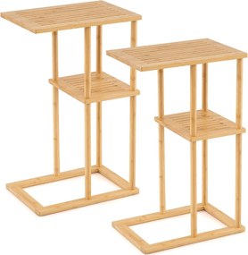 Conjunto de 2 mesas auxiliares 40 x 28 x 65 cm retangulares de bambu com prateleiras de arrumação, mesa de cabeceira em acabamento natural