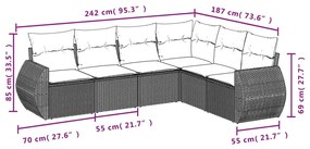 6 pcs conjunto sofás de jardim c/ almofadões vime PE preto