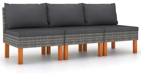 vidaXL Sofás de centro 3 pcs vime PE e madeira de eucalipto maciça