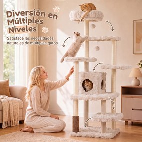Arranhador para Gatos com Vários Níveis, 86 x 82 x 170 cm, Seis Plataformas e Casota, Bege