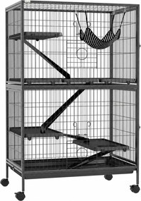 PawHut Gaiola para Roedores 80x52x128 cm Casa de 4 Alturas com Rampas Suspensa Rede Bandeja Removível Rodas Cinza Escuro | Aosom Portugal