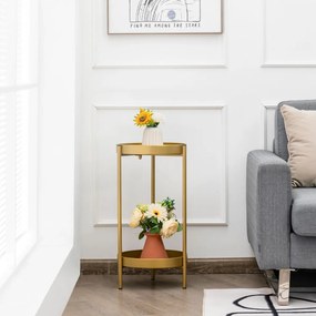 Suporte de planta de metal com suporte de planta moderno de 2 camadas com 2 bandejas dobráveis ​​para interior e exterior 30 x 60 cm dourado