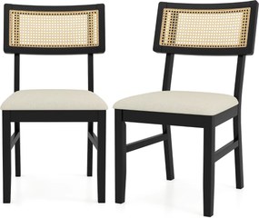 Conjunto de 2 cadeiras de jantar em rattan para cozinha, tecido acolchoado, pernas em madeira, encosto curvo, estilo rústico, preto e bege