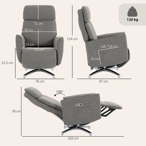 Poltrona Relaxante Elétrica Giratória, 87 x 76 x 114 cm, Apoio de Cabeça Regulável, Cinzenta