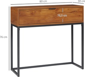Mesa de consola, com gaveta e pés em aço, para sala de estar, hall de entrada, corredor, 80 x 30 x 76 cm, castanho