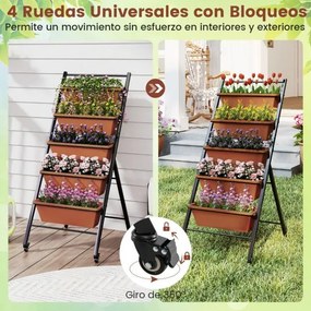 Floreira Escada 57 x 74 x 132 cm de 5 níveis com suporte metálico para vasos de jardim escalonado com rodas bloqueáveis e fileiras de orifícios de dre