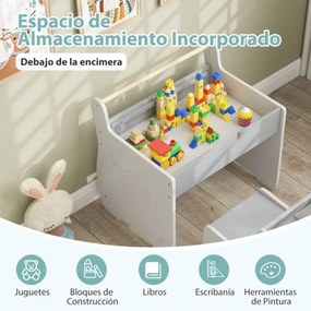 Conjunto de mesa e cadeira infantil de madeira 2 em 1 para crianças com tabuleiro removível, cinzento e branco