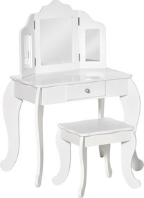 HOMCOM Penteadeira Infantil com Banqueta, Penteadeira 2 em 1 com Espelho Triplo e Gaveta Deslizante - Dim. 63L x 40l x 85,5H cm - Branco Acrílico | Aosom Portugal