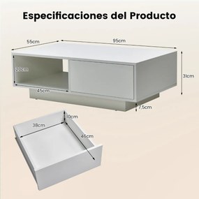 Mesa de centro com luzes LED, gaveta com controlo remoto e estante aberta retangular moderna para sala de estar 95 x 55 x 31 cm Branco