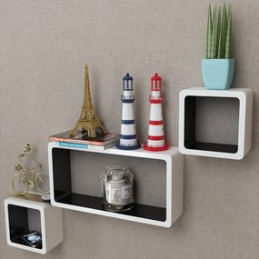 Conjunto 3 prateleiras de parede em forma de cubo MDF branco/preto