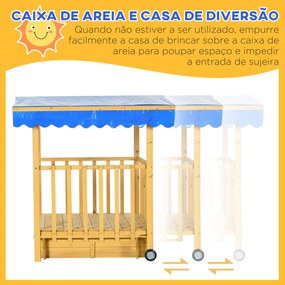 Caixa de Areia para Crianças com Varanda de Madeira Teto e Rodas Caixa