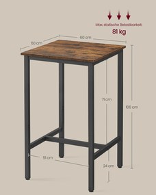Mesa de bar com estrutura alta em aço 60 x 60 x 106 cm castanho vintage-preto