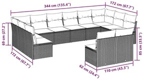 12 pcs conjunto de sofás jardim com almofadões vime PE castanho