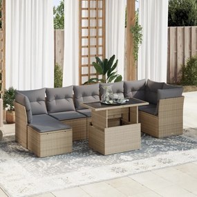 8 pcs conjunto de sofás p/ jardim com almofadões vime PE bege