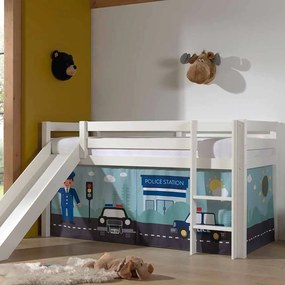 Cama alta de Criança PINO 90 x 200 cm + estrado + escada + escorrega + cortina Policia Branca