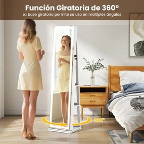 Armário giratório para joias 360°com espelho de corpo inteiro 43 x 38 x 160 cm iluminado e prateleiras traseiras 3 caixas Branco